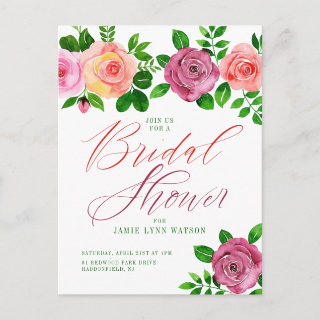 Bridal Shower | Watercolor Pink & Orange Roses Postcard (Front)