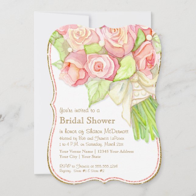 Bridal Shower Watercolor Rose Bouquet Satin Pearls Invitation (Front)
