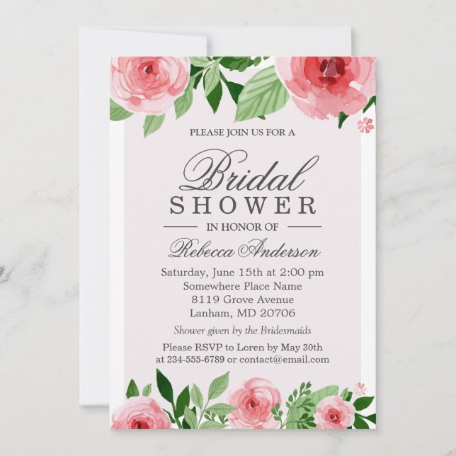 Bridal Shower Watercolor Rose Flowers Botanical Invitation (Front)
