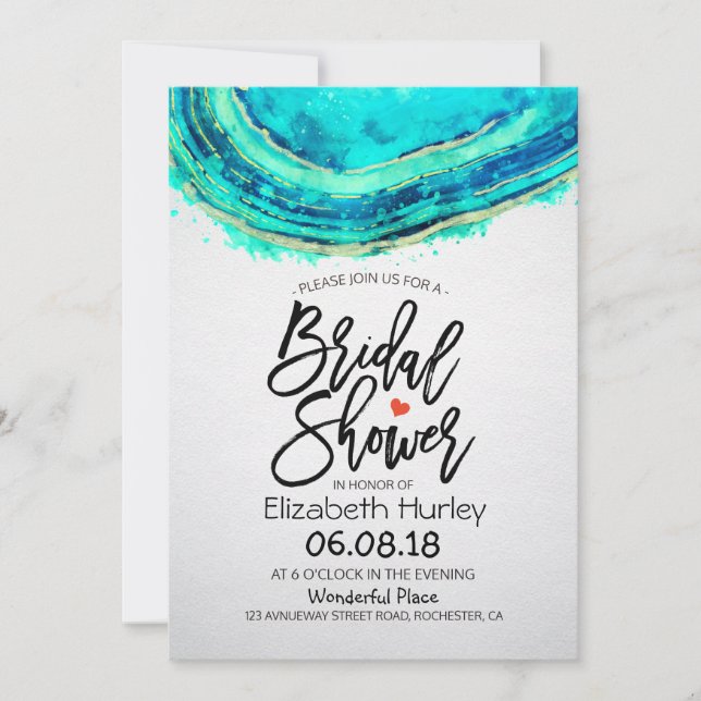 Bridal Shower Watercolor Teal & Gold Agate Geode Invitation (Front)