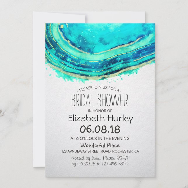 Bridal Shower Watercolor Teal & Gold Agate Geode Invitation (Front)