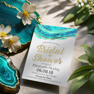 Bridal Shower Watercolor Teal & Gold Agate Geode Invitation