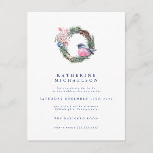 BRIDAL SHOWER Watercolor Winter Sparrow Wreath Postcard