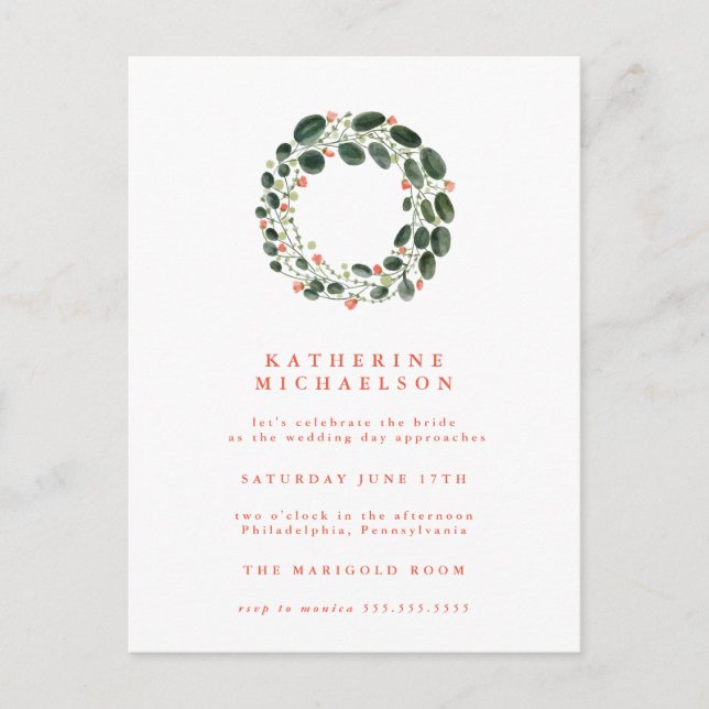 BRIDAL SHOWER | Watercolor Wreath Invitation Postcard (Front)