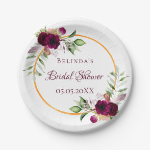 Bridal Shower watercolored florals burgundy Paper Plate