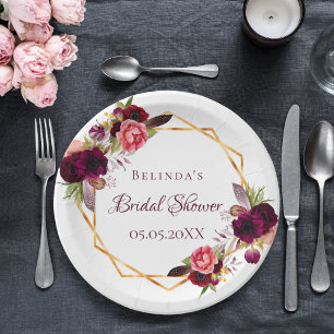Bridal Shower watercolored florals burgundy Paper Plate