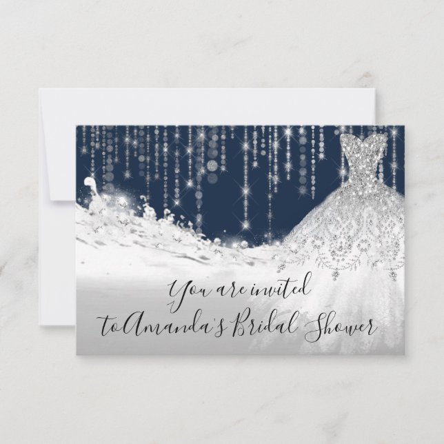 Bridal Shower Waves Glitter Grey Grey Navy Spark Invitation (Front)