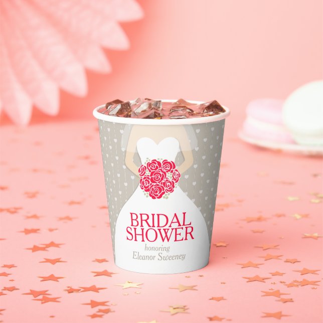 Bridal shower wedding dress red roses paper cups (Insitu)