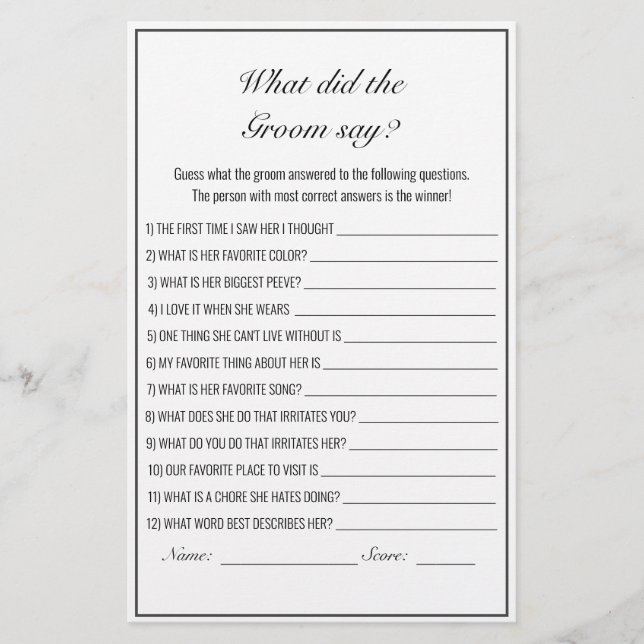 Bridal Shower Wedding Game Modern Minimalist White (Front)