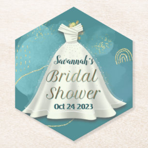 Bridal Shower Wedding Gown Deep Teal Gold Glitter  Paper Coaster