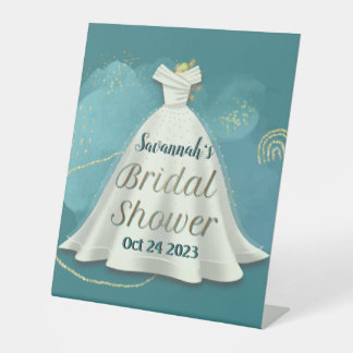 Bridal Shower Wedding Gown Deep Teal Gold Glitter Pedestal Sign