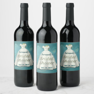 Bridal Shower Wedding Gown Deep Teal Gold Glitter  Wine Label