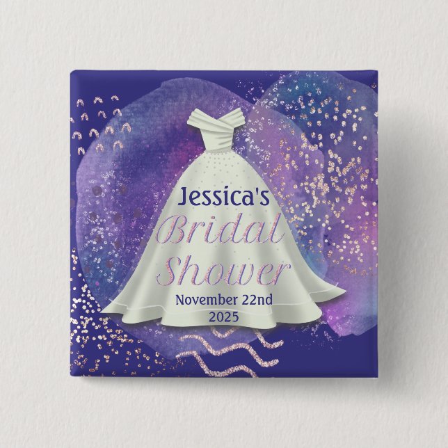 Bridal Shower Wedding Gown Purple & Rose Gold Glam 15 Cm Square Badge (Front)