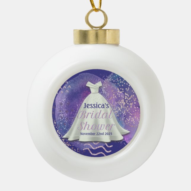 Bridal Shower Wedding Gown Purple & Rose Gold Glam Ceramic Ball Christmas Ornament (Front)