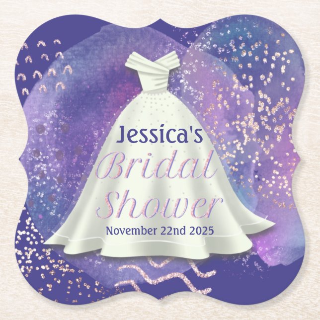 Bridal Shower Wedding Gown Purple & Rose Gold Glam Paper Coaster (Front)