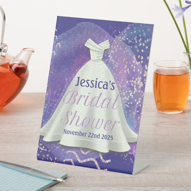 Bridal Shower Wedding Gown Purple & Rose Gold Glam Pedestal Sign (In SItu)