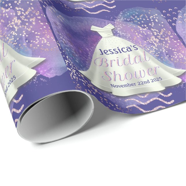 Bridal Shower Wedding Gown Purple & Rose Gold Glam Wrapping Paper (Roll Corner)