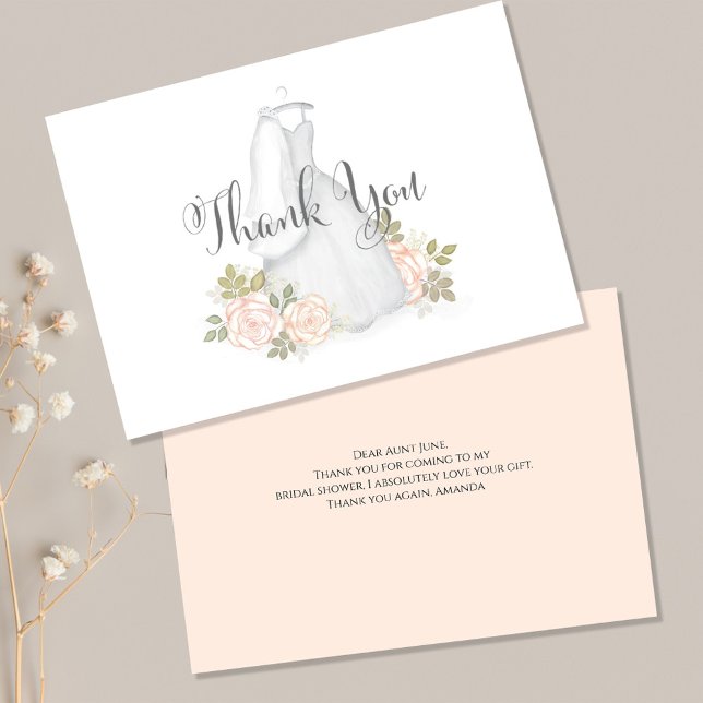 Bridal Shower Wedding Gown Thank You (Stylish Thank you postcard with blush pink roses. )