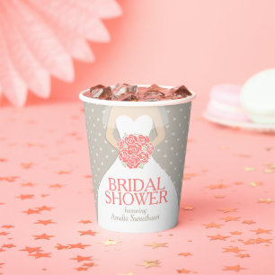 Bridal shower wedding white dress coral roses paper cups