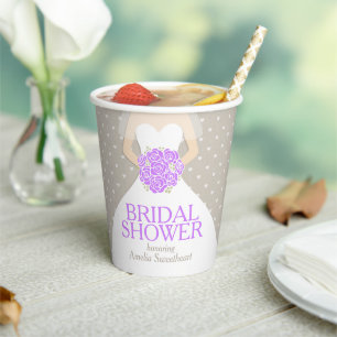 Bridal shower wedding white dress purple roses paper cups