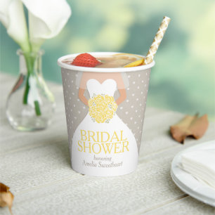 Bridal shower wedding white dress yellow roses paper cups