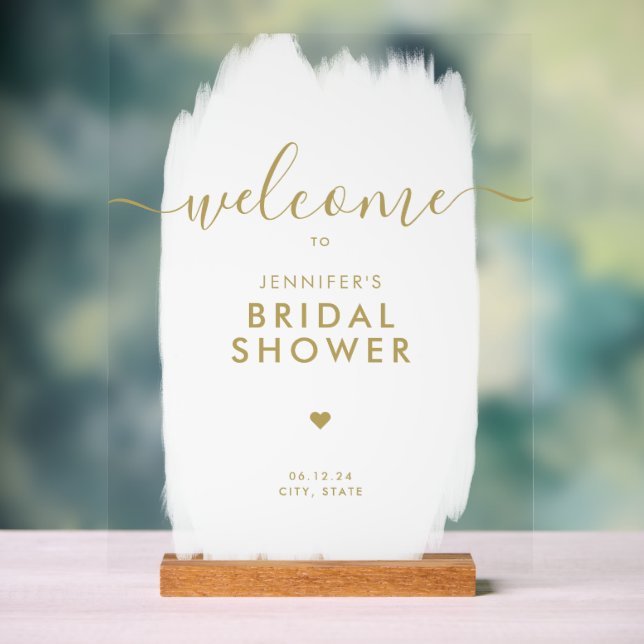 Bridal Shower Welcome Gold Script White Paint Acrylic Sign (Neutral)