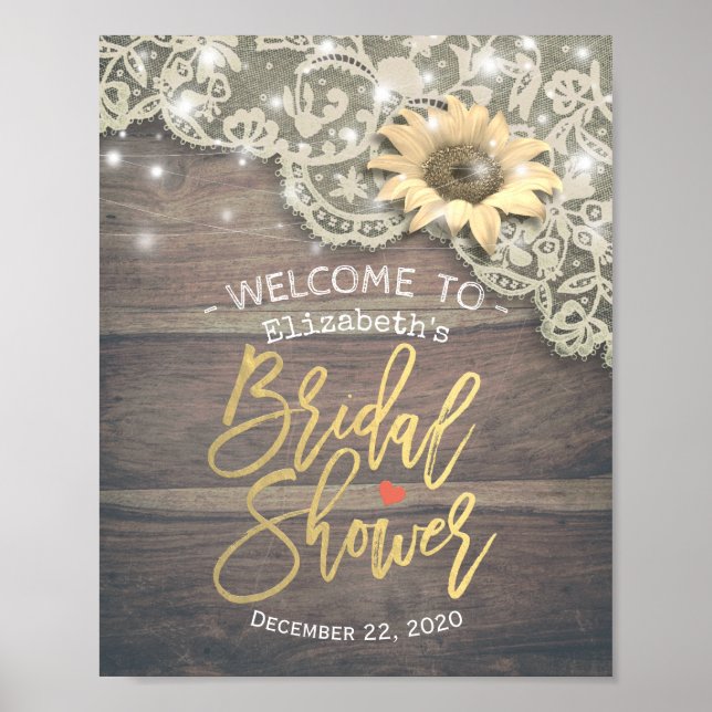 Bridal Shower Welcome Lace Sunflower Wood Lights Poster (Front)
