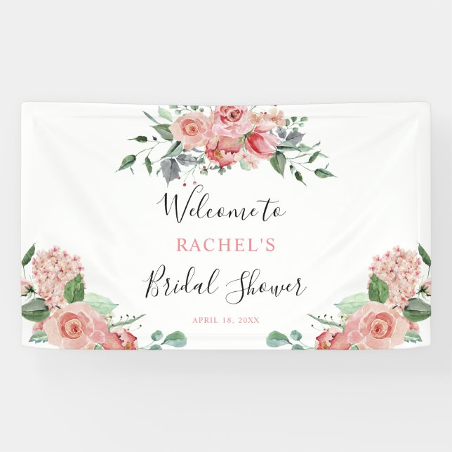Bridal Shower welcome Pink Rose Boho Floral chic Banner (Horizontal)