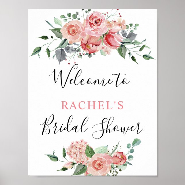 Bridal Shower Welcome Pink Rose Watercolor Chic Poster (Front)