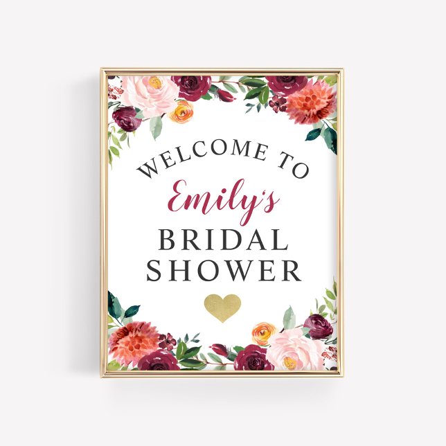 Bridal Shower Welcome Rustic Burgundy Fall Floral Poster (Creator Uploaded)