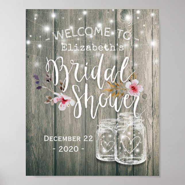 Bridal Shower Welcome Rustic Wood Mason Jar Lights Poster (Front)