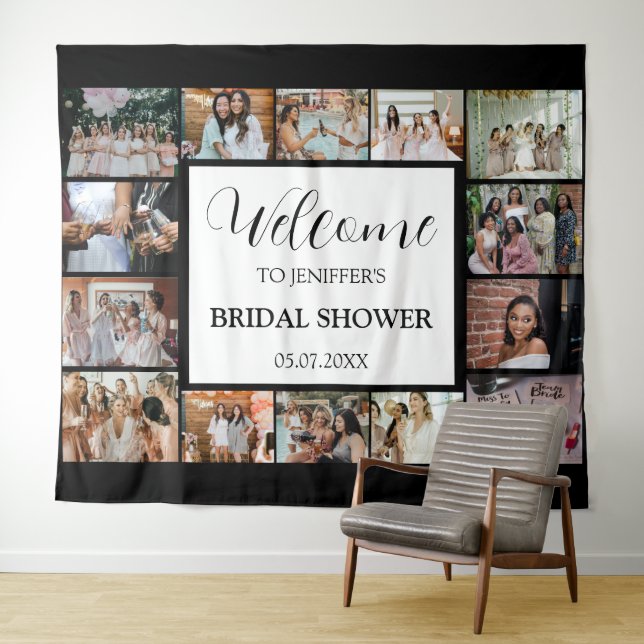 Bridal Shower Welcome Script Black Photo Collage Tapestry (In Situ (Horizontal))