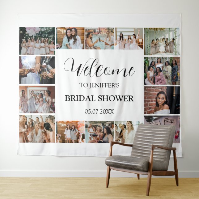 Bridal Shower Welcome Script minimal Photo Collage Tapestry (In Situ (Horizontal))
