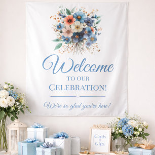Bridal Shower Welcome Sign Blue Floral Event Sign Tapestry