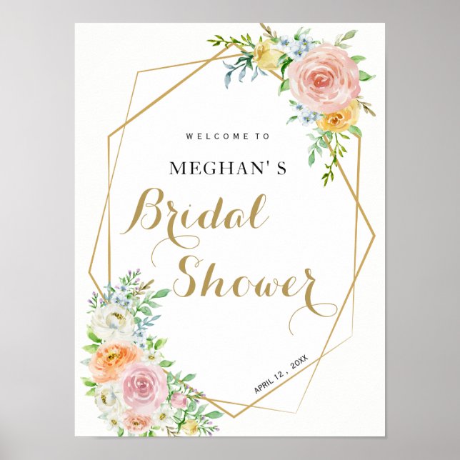 Bridal Shower welcome sign | pastel flowers gold (Front)