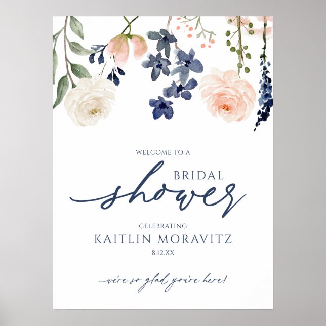 Bridal Shower Welcome Sign Peach Navy Blue Floral (Front)