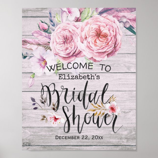 Bridal Shower Welcome Watercolor Boho Floral  Wood Poster (Front)