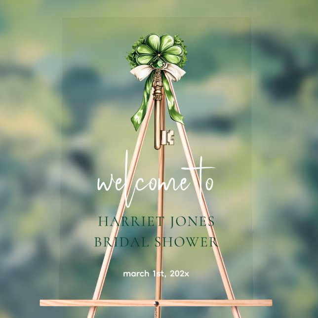 Bridal Shower Welcome Watercolor Gold Key & Clover Acrylic Sign (Neutral)
