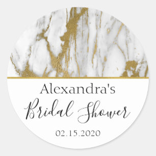 Bridal Shower White and Gold Elegant Marble Classic Round Sticker