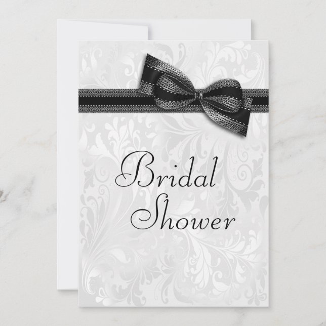 Bridal Shower White Damask and Faux Black Bow Invitation (Front)