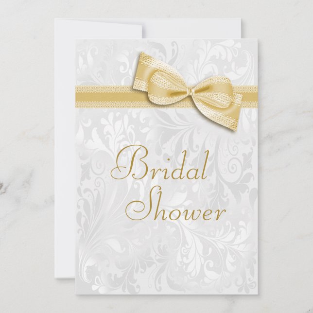 Bridal Shower White Damask and Faux  Bow Invitation (Front)
