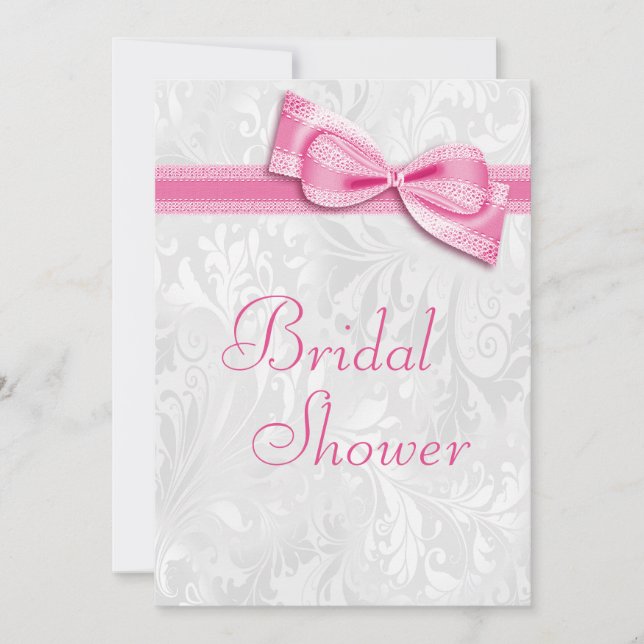 Bridal Shower White Damask and Faux Pink Bow Invitation (Front)