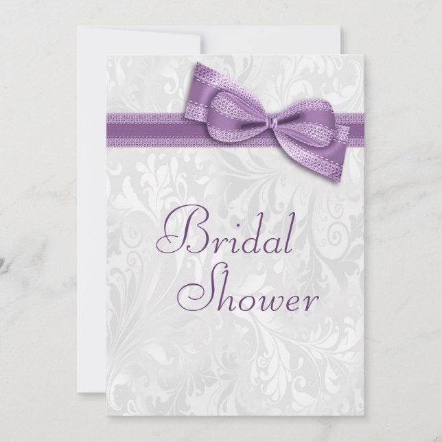 Bridal Shower White Damask and Faux Purple Bow Invitation (Front)