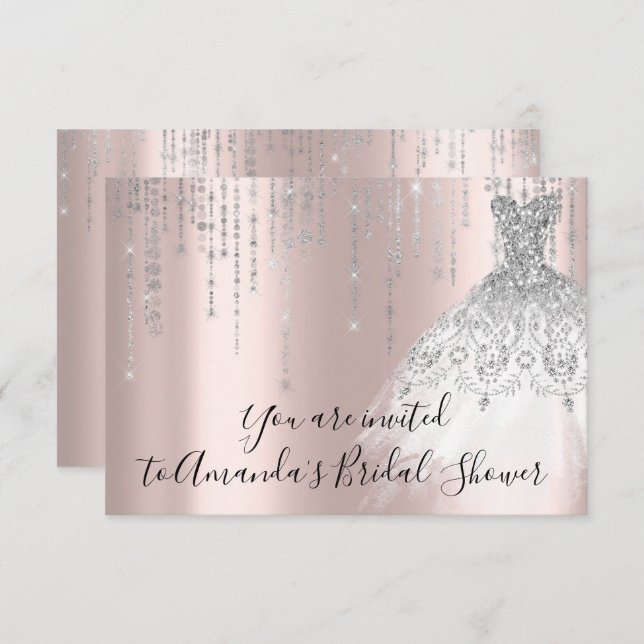 Bridal Shower White Dress Silver Grey Silver Rose Invitation (Front/Back)