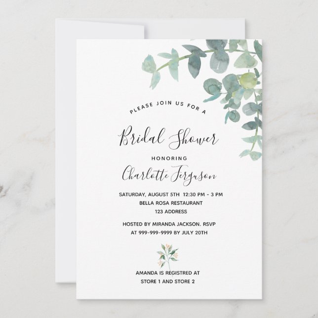 Bridal Shower white eucalyptus greenery elegant Invitation (Front)