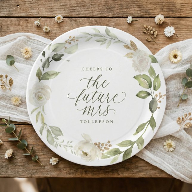Bridal Shower White Floral Greenery Paper Plate (Botanical watercolor flowers bridal shower paper plates in sage green for the bride to be)