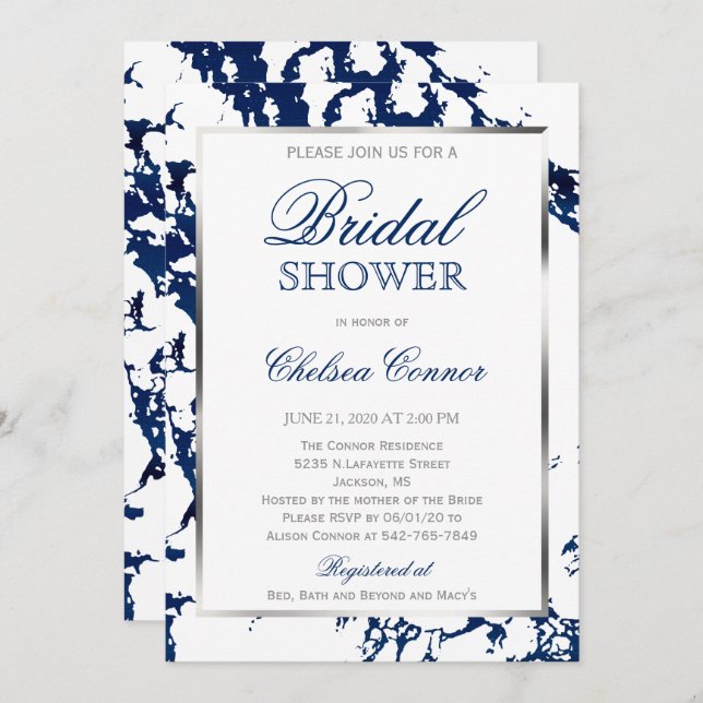Bridal Shower - White, Navy Blue Marble & Silver Invitation (Front/Back)