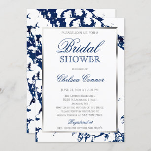 Bridal Shower - White, Navy Blue Marble & Silver Invitation