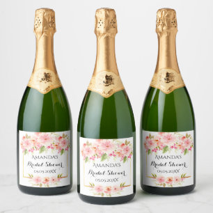 Bridal shower white rose gold florals elegant sparkling wine label