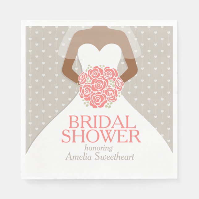 Bridal shower white wedding dress coral roses napkin (Front)